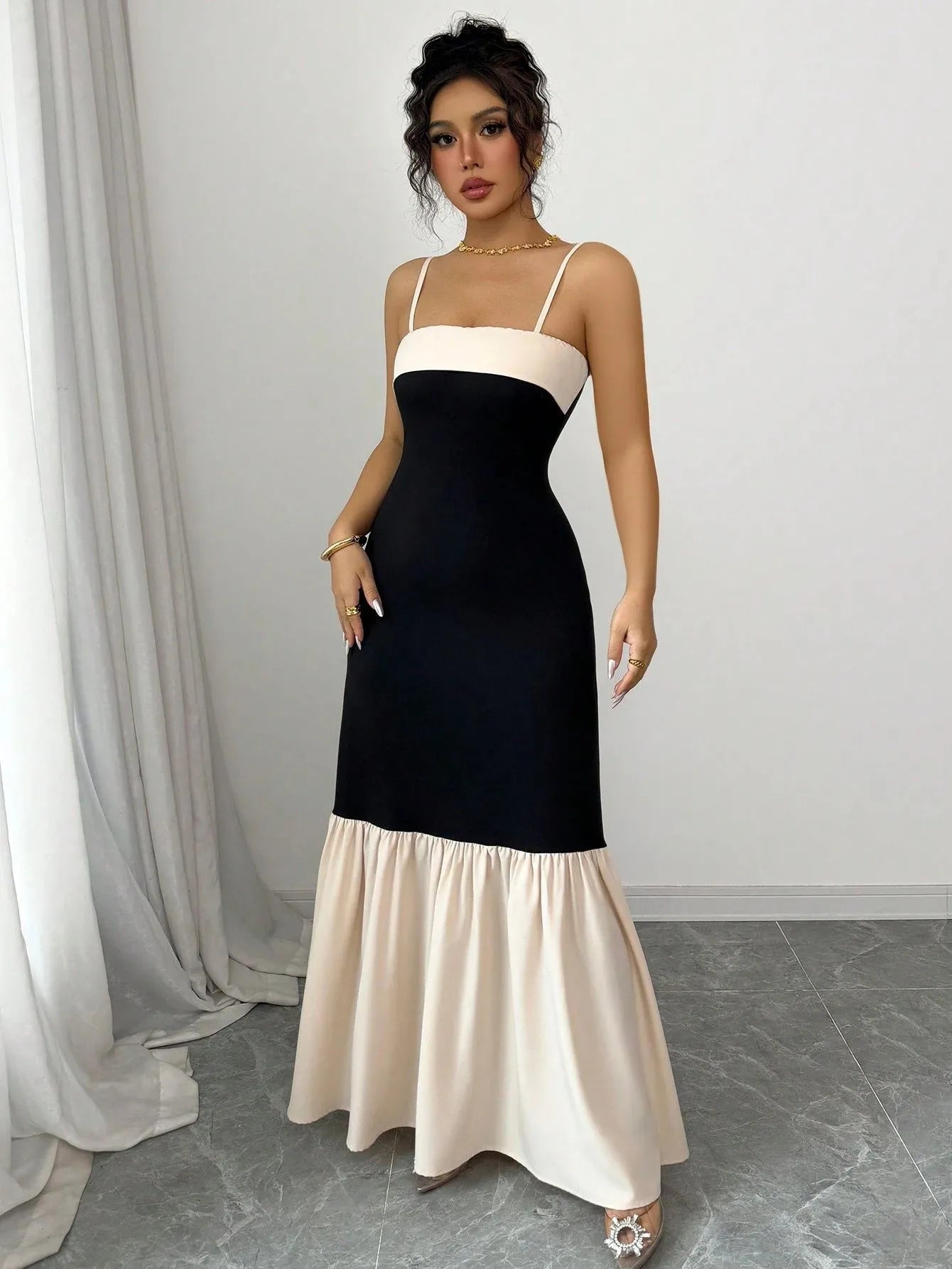 Two-Tone Spaghetti Strap Maxi Dress - Black -
