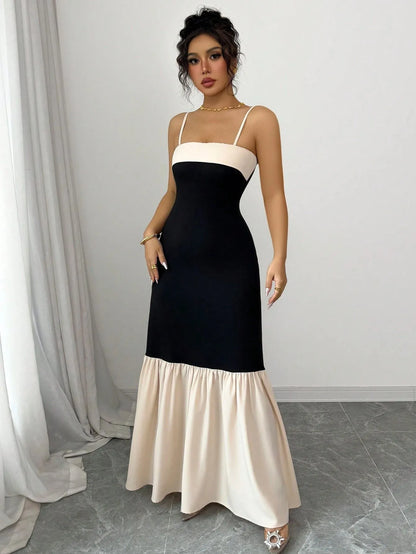 Two-Tone Spaghetti Strap Maxi Dress - Black -
