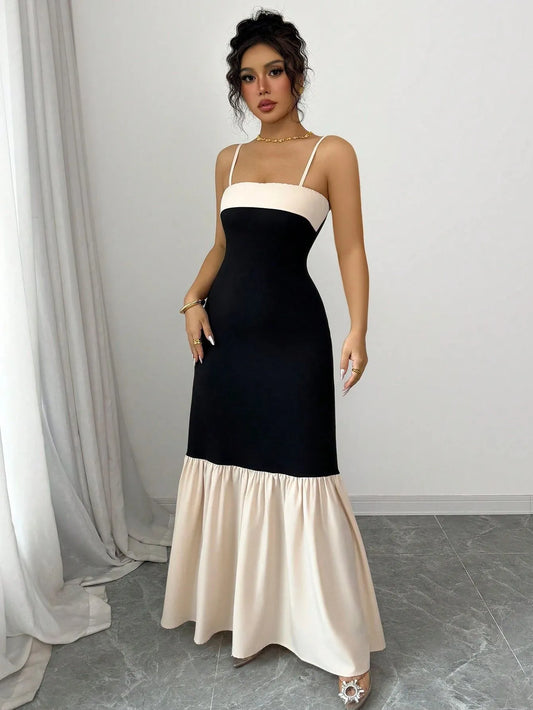 Two-Tone Spaghetti Strap Maxi Dress - Black -
