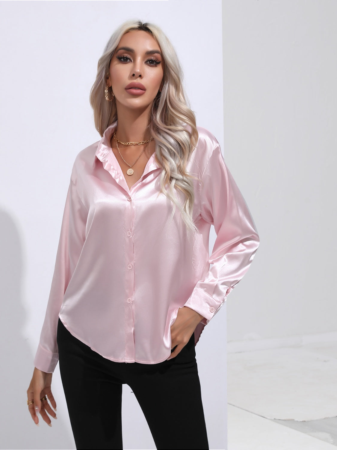 Collared Neck Buttoned Long Sleeve Shirt - -