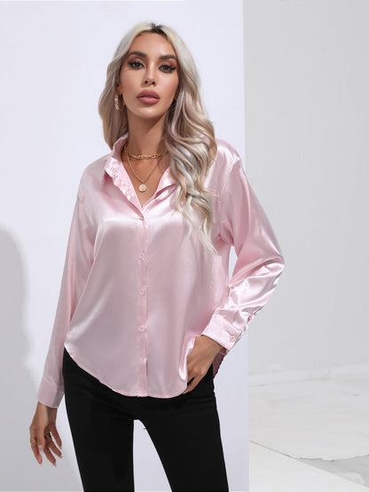 Collared Neck Buttoned Long Sleeve Shirt - -