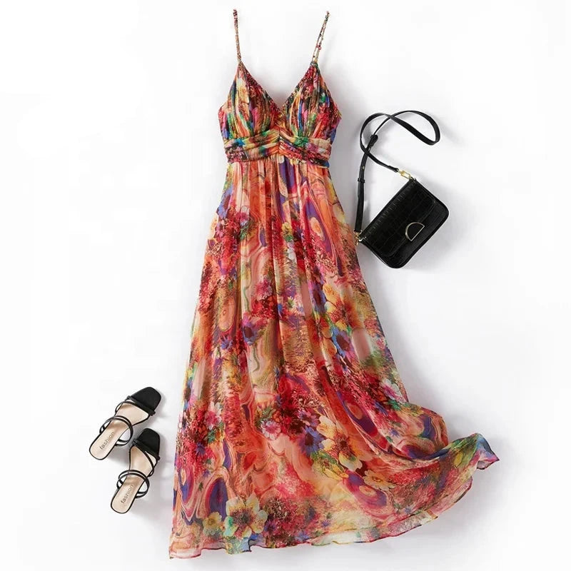 100% Pure Silk Dress Floral Print Spaghetti Strap Sleeveless Midi Dress