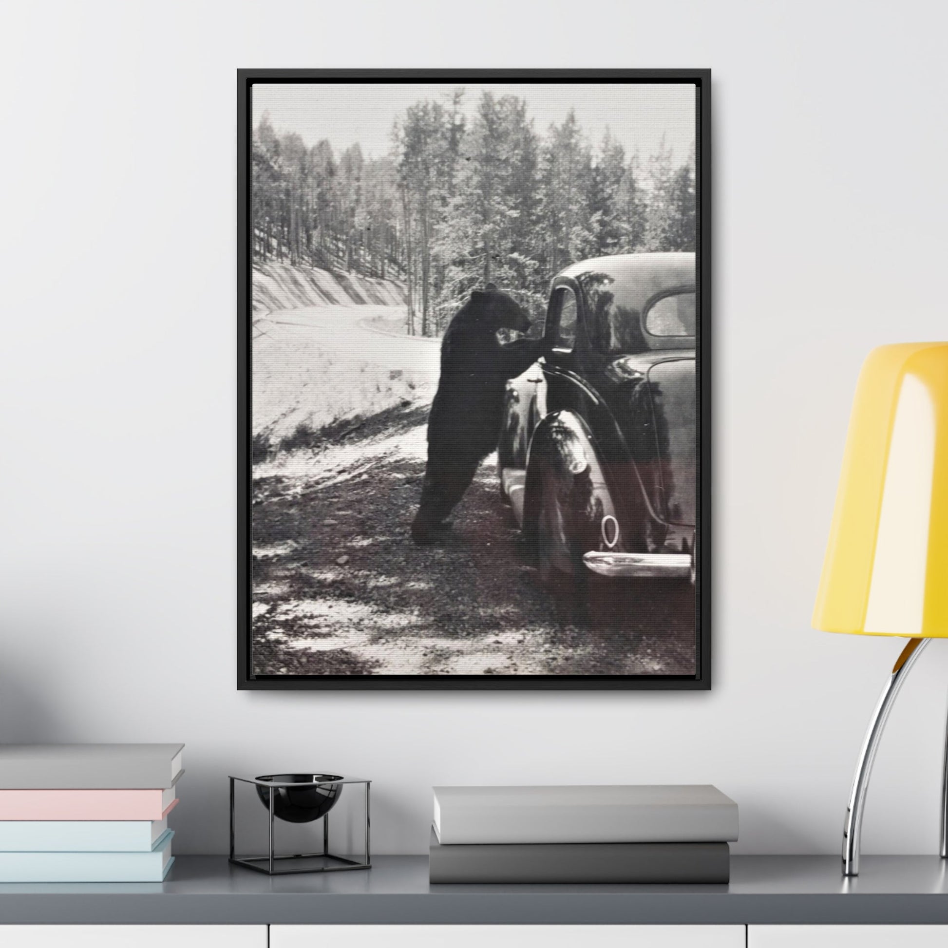 Yellowstone Bear Car Gallery Canvas Wraps Vertical Frame - 18″ x 24″ Premium Gallery Wraps (1.25″) Black - Canvas