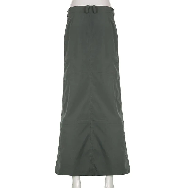 Casual Baggy Loose Cargo Skirts Big Pockets Drawstring Hem Low Waist Long Skirt