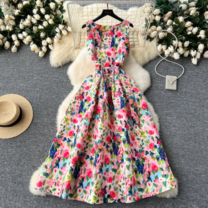 Women's Round Neck Sleeveless High Waist Printed A-Line Sundress