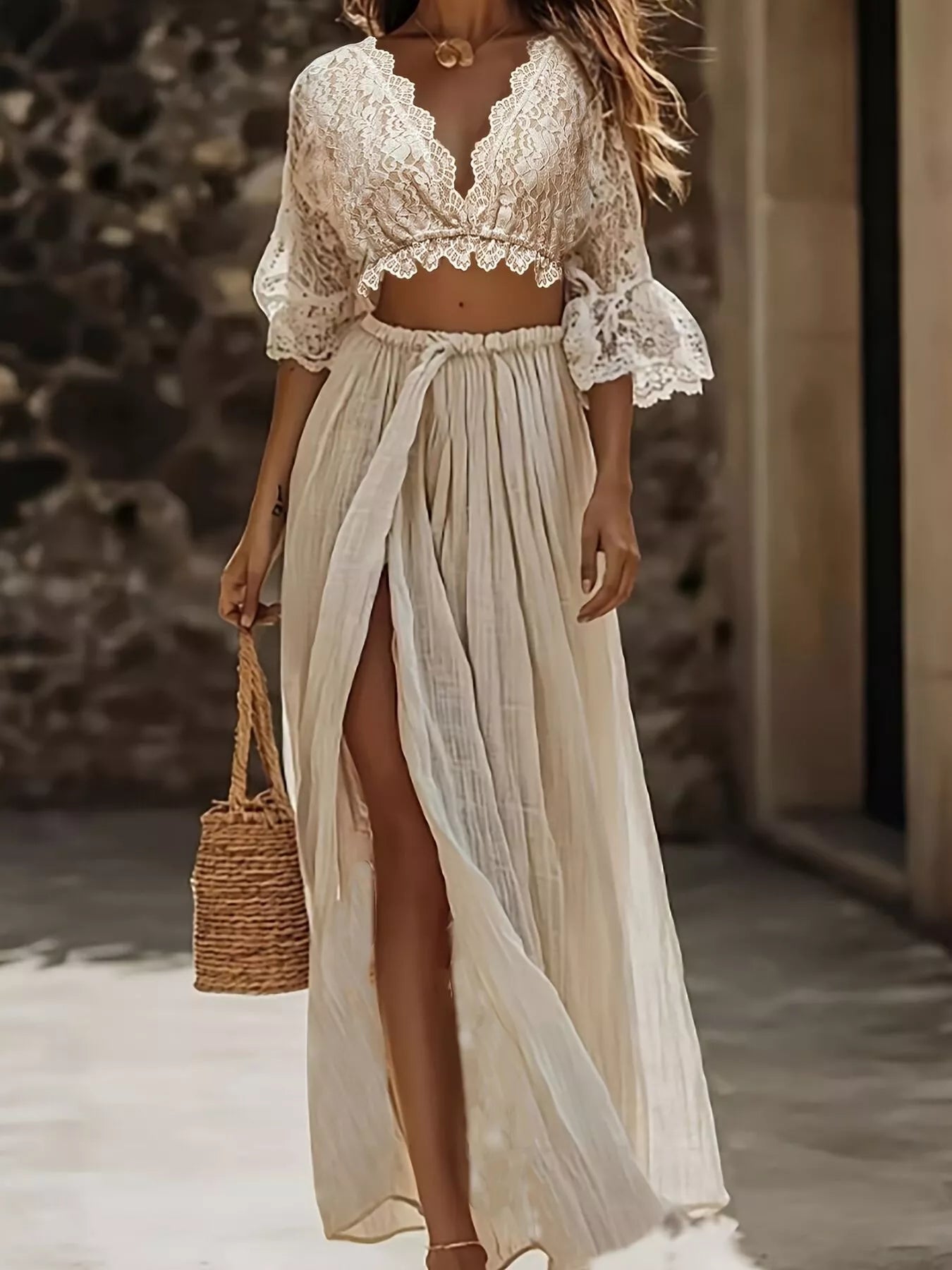 Lace Crop Top and Slit Maxi Skirt Set - Apricot -