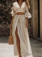 Lace Crop Top and Slit Maxi Skirt Set - Apricot -