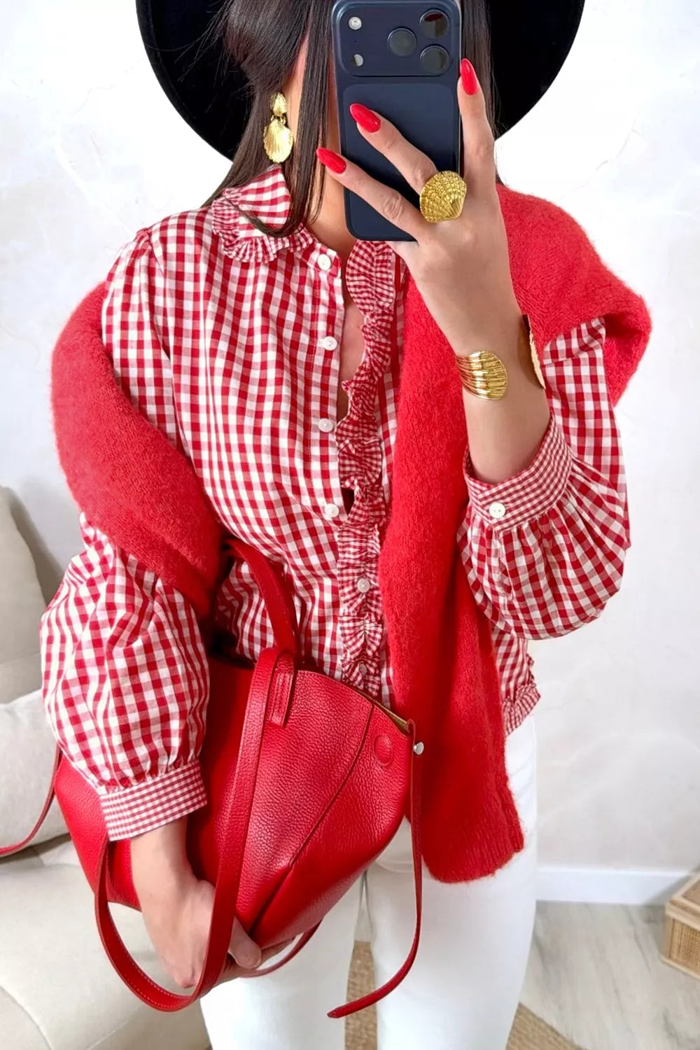 Plaid Long Sleeve Button Down Frill Detail Casual Shirt - -