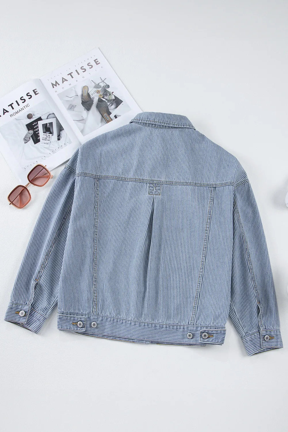 Striped Button Up Long Sleeve Denim Jacket - -