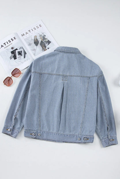 Striped Button Up Long Sleeve Denim Jacket - -