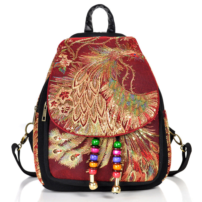 Retro Embroidered Peacock Backpack - - backpack
