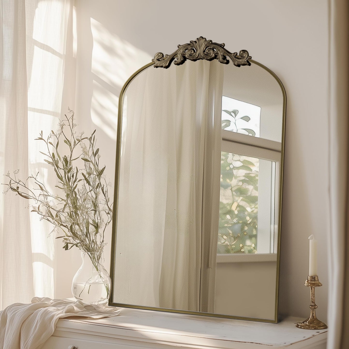Arched Vintage Carved Bronze Antique Metal Frame Wall Mirror - Retro Style Bronze 22" x 30" - Mirror