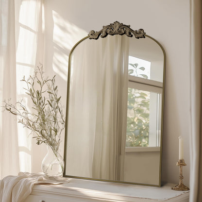 Arched Vintage Carved Bronze Antique Metal Frame Wall Mirror - Retro Style Bronze 22" x 30" - Mirror