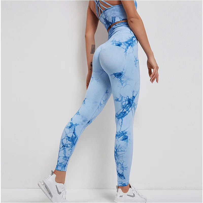 2 Piece Set Workout Clothing Seamless Tie Dye Exercise Running Fitness Set