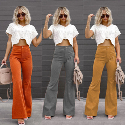 Casual Flared High Waist Wide Leg Corduroy Pants