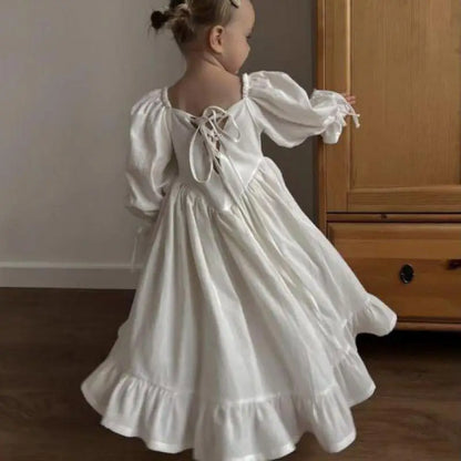 Girls Solid Ruffle Puff Sleeve Cotton Linen Dress