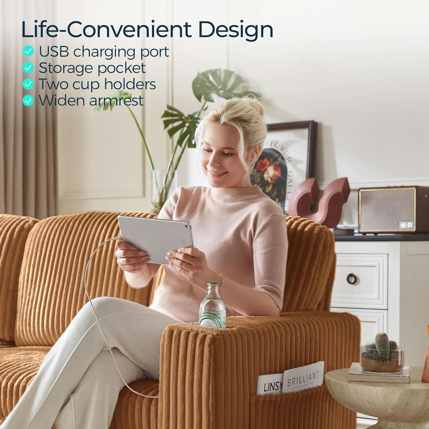 Brown UShaped Convertible Sectional Sofa Bed USBPort- ShipItFurniture- {{Product type}}