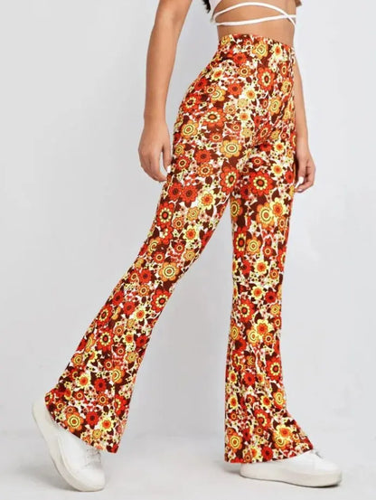 Women Boho High Waist Flare Retro Floral Print Comfy Yoga Palazzo Pants