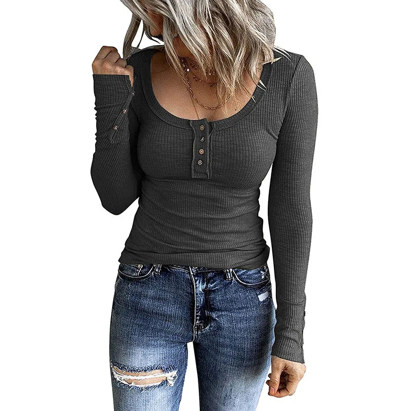 Casual Knit Button Long Sleeve Ladies T Shirt