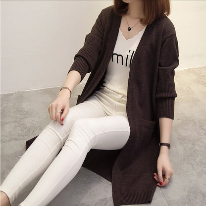 Long Sleeve Tri-Color Knit Sweater Mosaic Stripe Open Front Cardigan dark brown