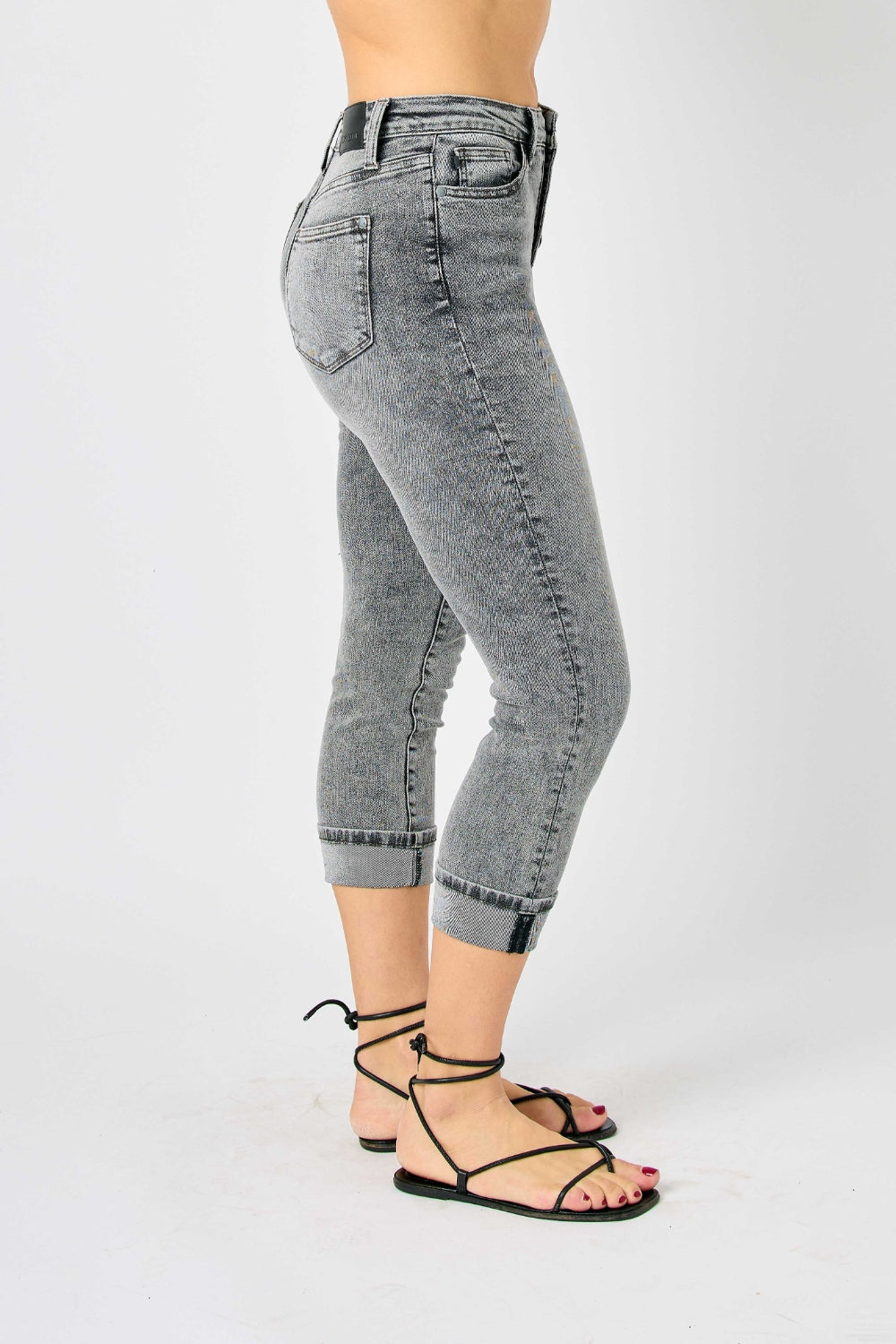 Judy Blue Sasha High Waist Cuffed Button Fly Gray Denim Capri Jeans - - jeans