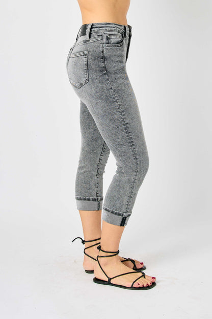 Judy Blue Sasha High Waist Cuffed Button Fly Gray Denim Capri Jeans - - jeans