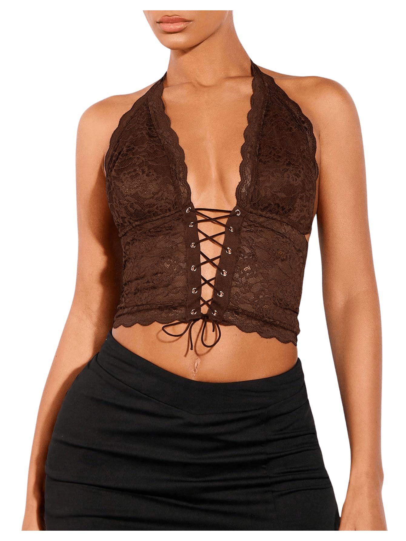 BEAUDRM Halter Lace Corset Crop Top - Coffee Brown - Coffee Brown Large - Women's Fashion - Women's Clothing - Tops & Tees - Tank Tops