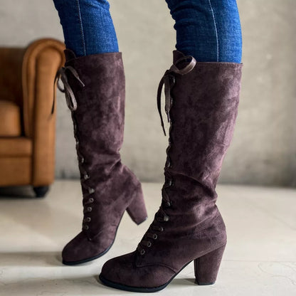 Lace Up Block Heels Boots - -