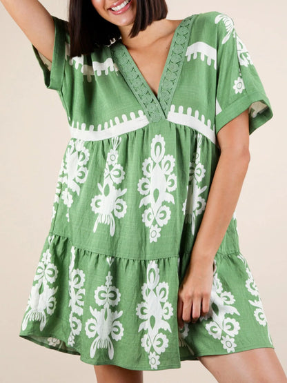 Printed V-Neck Short Sleeve Mini Dress - Green -