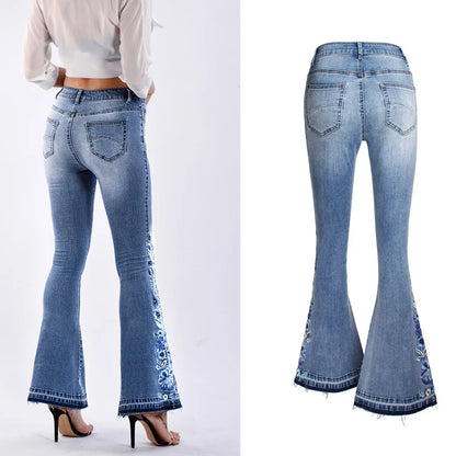 Women Stretch High Waist Embroidery Jeans Wide Leg Floral Denim Long Flared