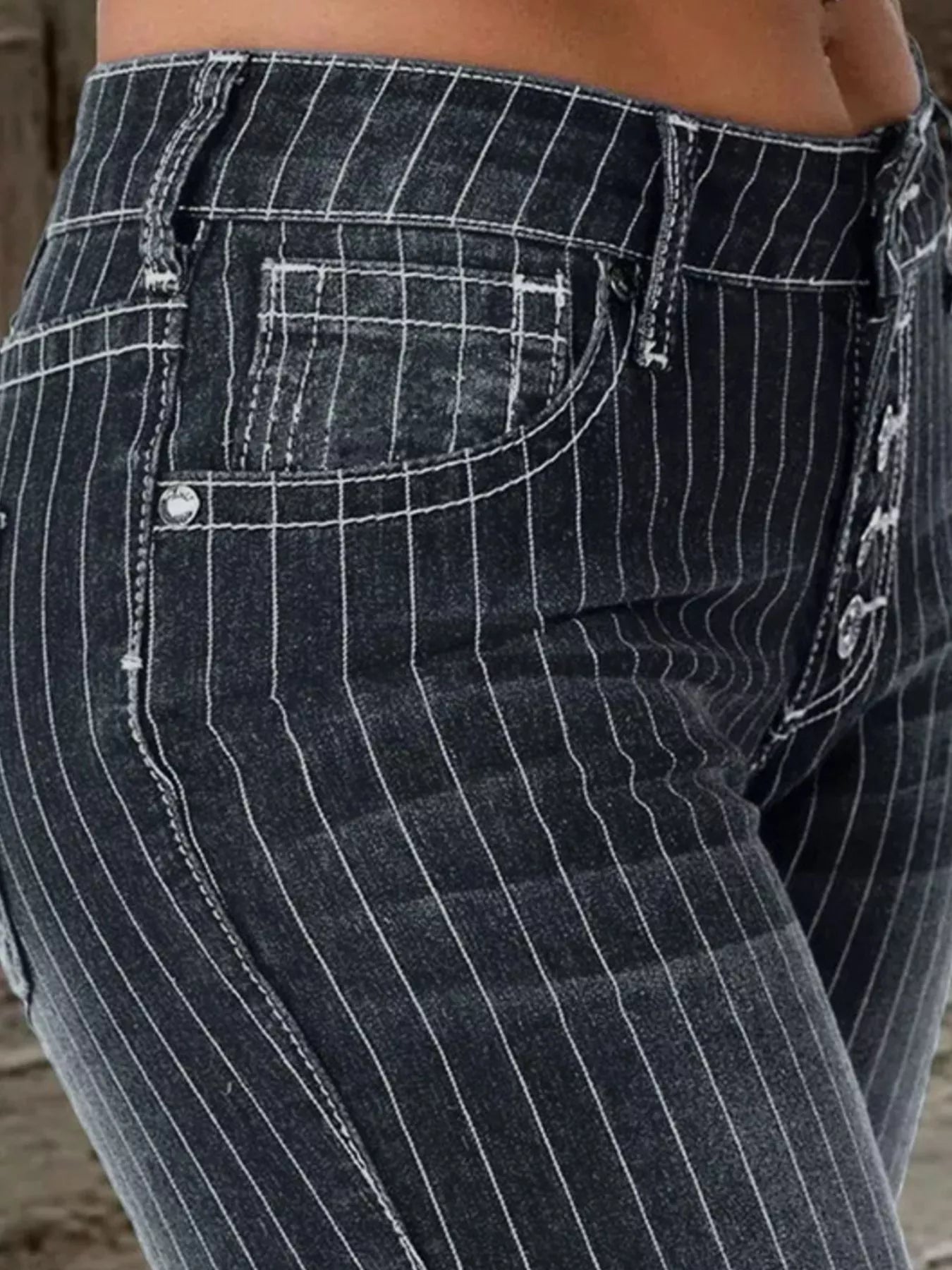 Striped Button Fly Flare Jeans - -