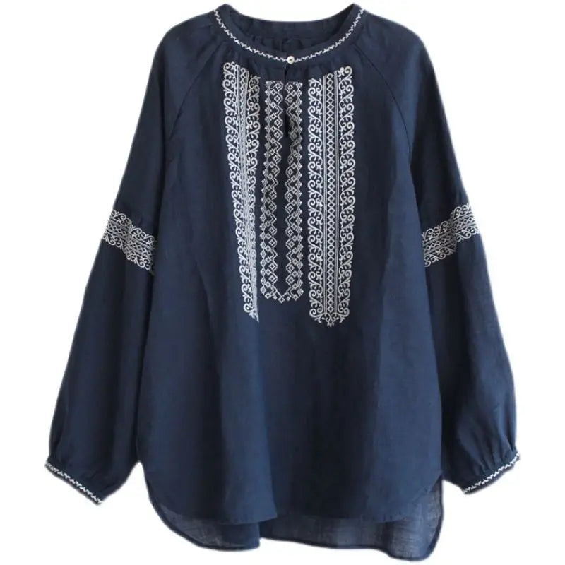 Embroidery Cotton and Linen Women Long Sleeve Vintage Disc Button Shirt