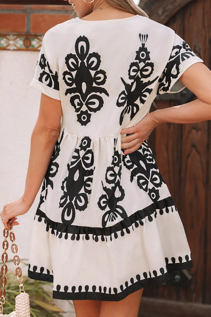 Printed V-Neck Short Sleeve Dress - -