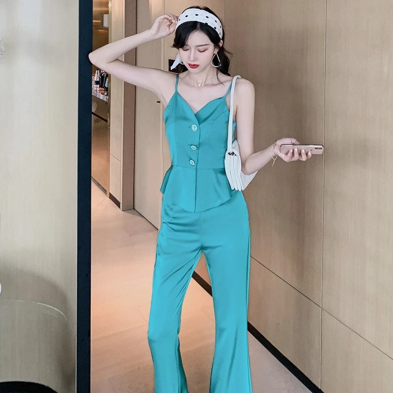 V-Neck Ruffled Suspender Top High-Waisted Wide-Leg Pants Suit