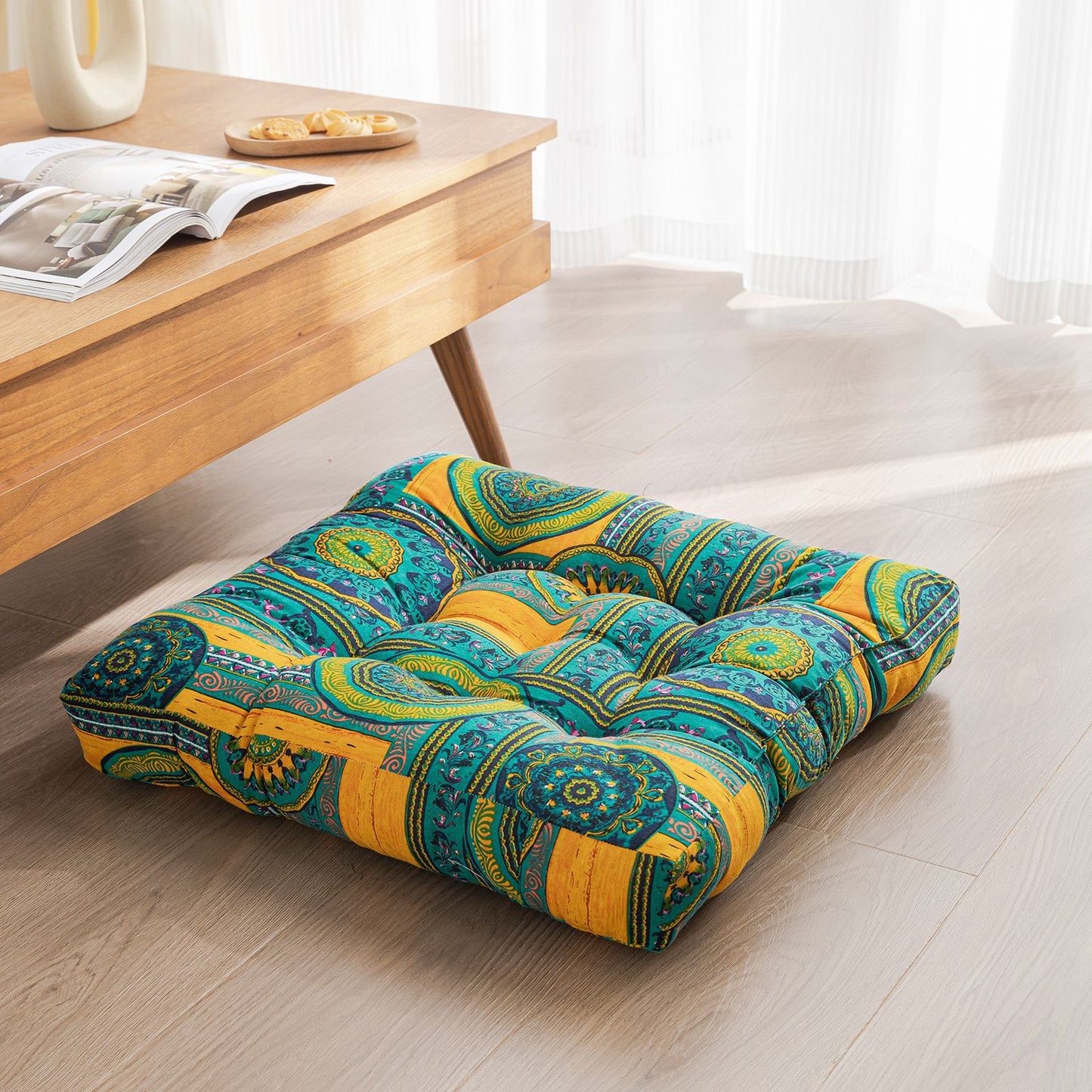 Japanese-Style Cotton Futon Floor Cushion (Round or Square) - Square 5 Style - Floor Cushion