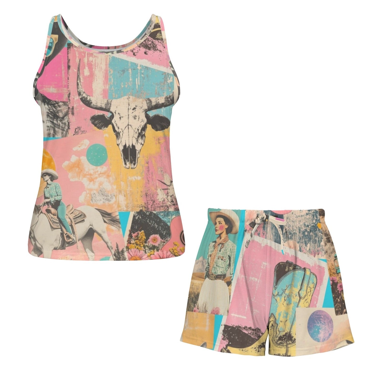 Baha Ranch Pop Western Collage Pajama Lounge Tank Shorts Set Made in America - - Sleepwear