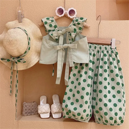 Girls Ruffled Spaghetti Top and Shorts Sets green