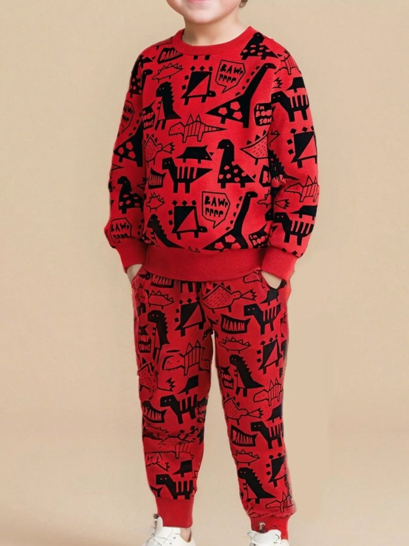 Children's Dinosaur Print Long Sleeve Sweatshirt & Pants Set - Red -