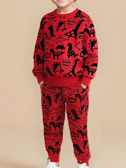 Children's Dinosaur Print Long Sleeve Sweatshirt & Pants Set - Red -