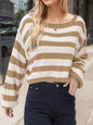 Striped Dropped Shoulder Long Sleeve Sweater - Camel -