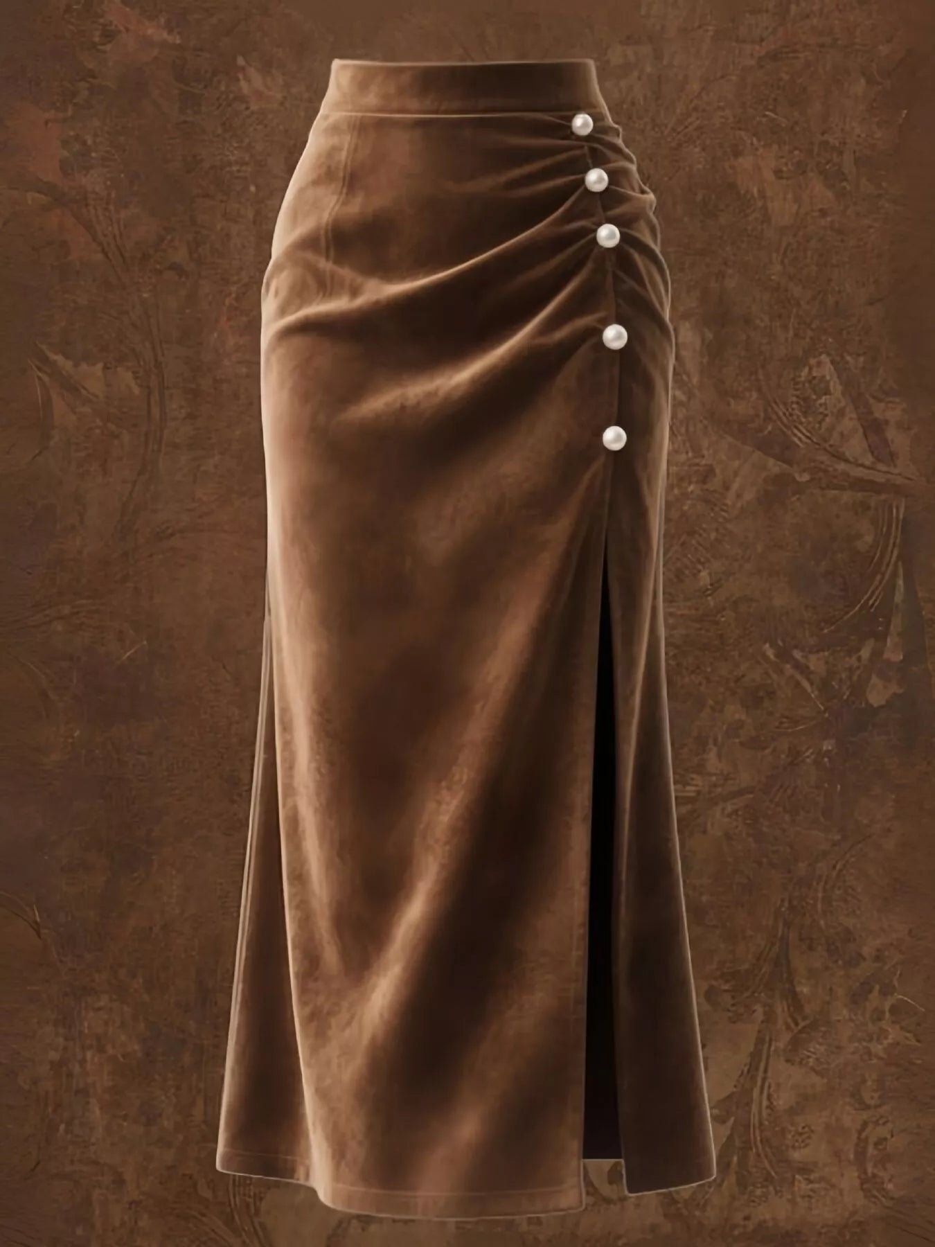 Brown Velvet Pearl Slit Skirt - - skirt