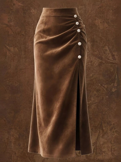Brown Velvet Pearl Slit Skirt - - skirt