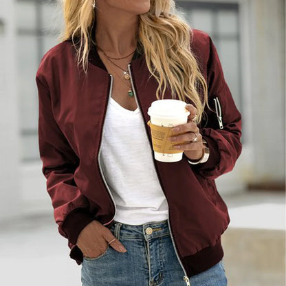 Women Fashion Bomber Jacket Streetwear Long Sleeve Coat Solid Color Outerwear