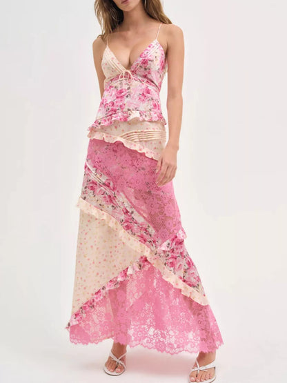 Lace Floral Print Ruffle Trim Maxi Dress - Pink -