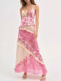 Lace Floral Print Ruffle Trim Maxi Dress - Pink -