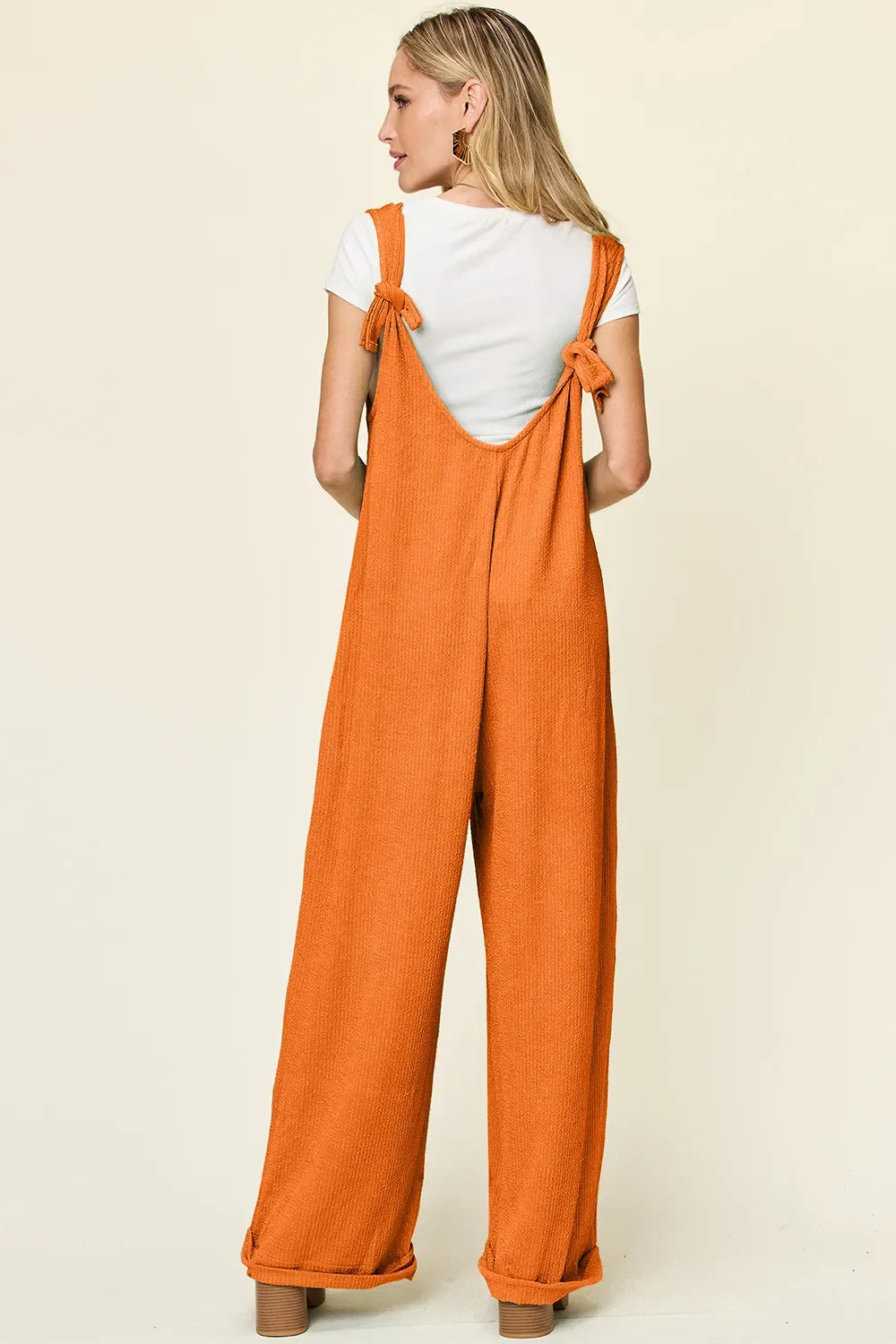Double Take Full Size Texture Sleeveless Wide Leg Jumpsuit - -