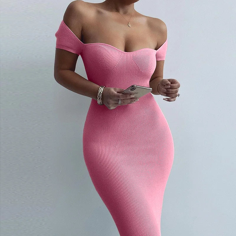 Pencil Long Dress Off Shoulder Solid Color Ribbed Knit Dress