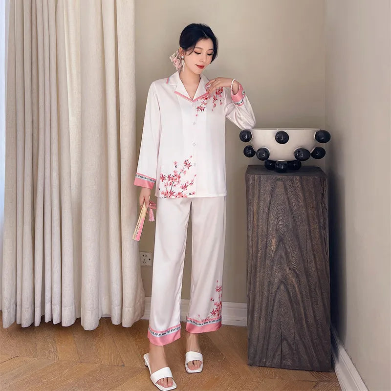 Women's Silk Pajamas Lapel Satin Sleepwear Long Sleeve Lady Night Wear