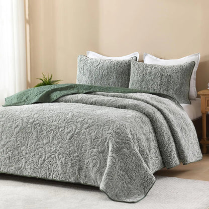 Reversible Green King Size Quilts 3 Piece - Kia Day Design