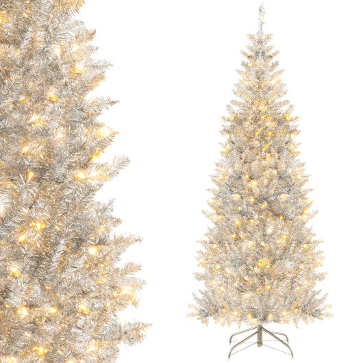 6/7 FT Pre-Lit Artificial Silver Tinsel Xmas Tree with 790 Branch Tips and 300 LED Lights-6 ft - - Home & Garden